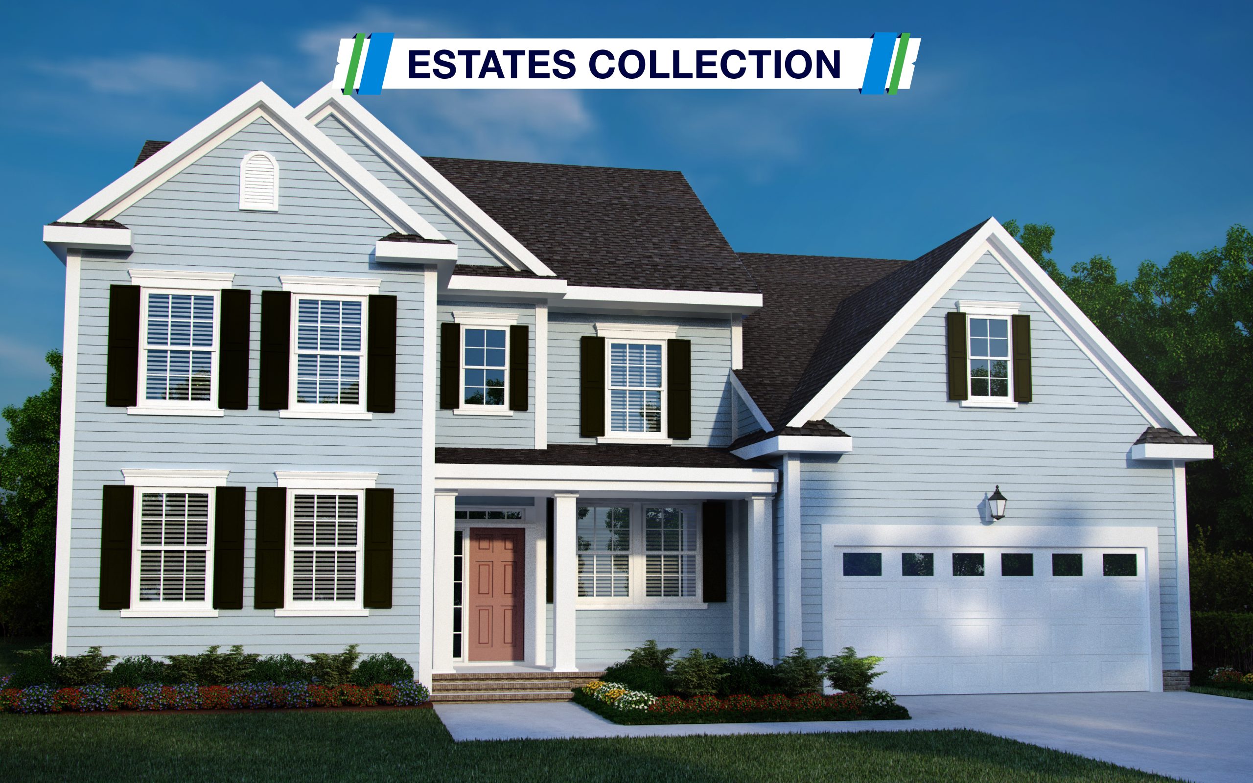 Image of the Milan II Model - the Estates Collection. Image shows the front of the two story home, two car garage, and nine windows.
