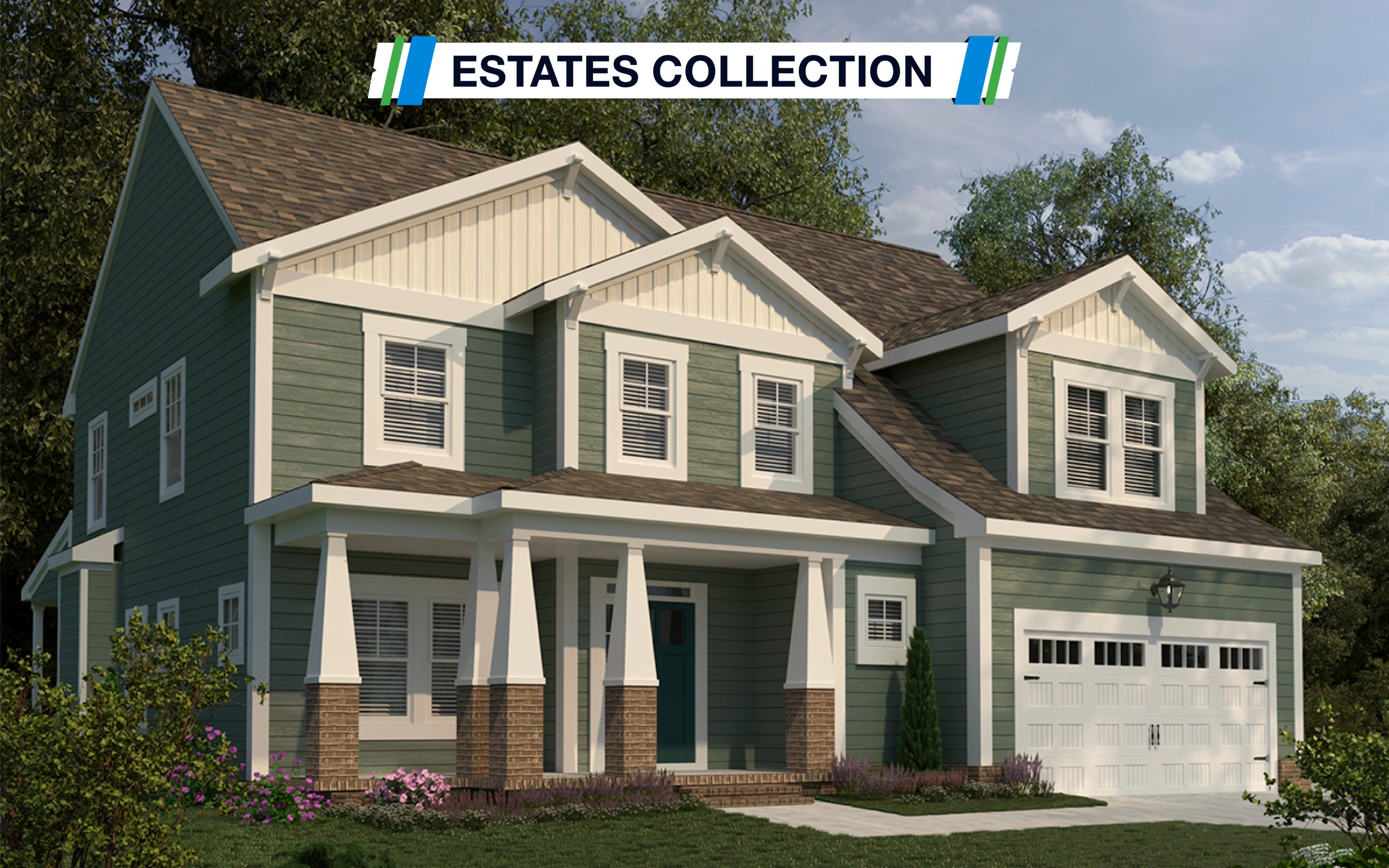 Image of the Siena Model - the Estates Collection. Hoe is green and white. Front view showing the 2 car garage eight windows and the front porch and door.