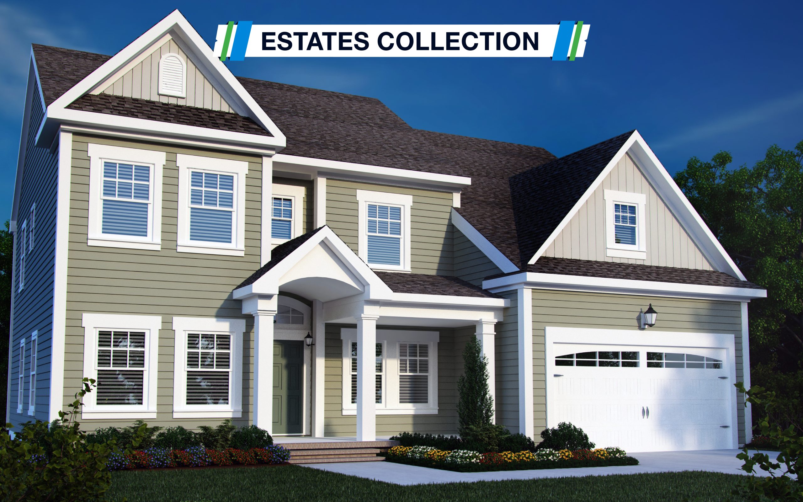Front view of the Waterford Model - the Estates Collection. Home is two stories and light green with white trim. Image show the 2 car garage, front porch and nine front windows.