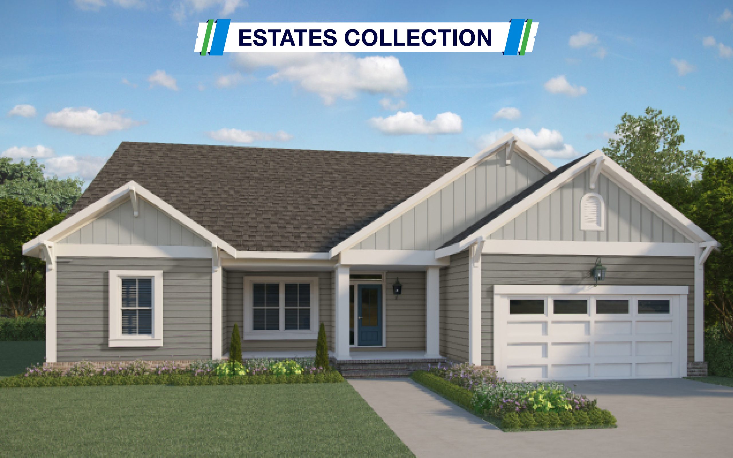 Image of the Marino Model - the Estates Collection. One story home . Image shows the front porch, garage and three windows.