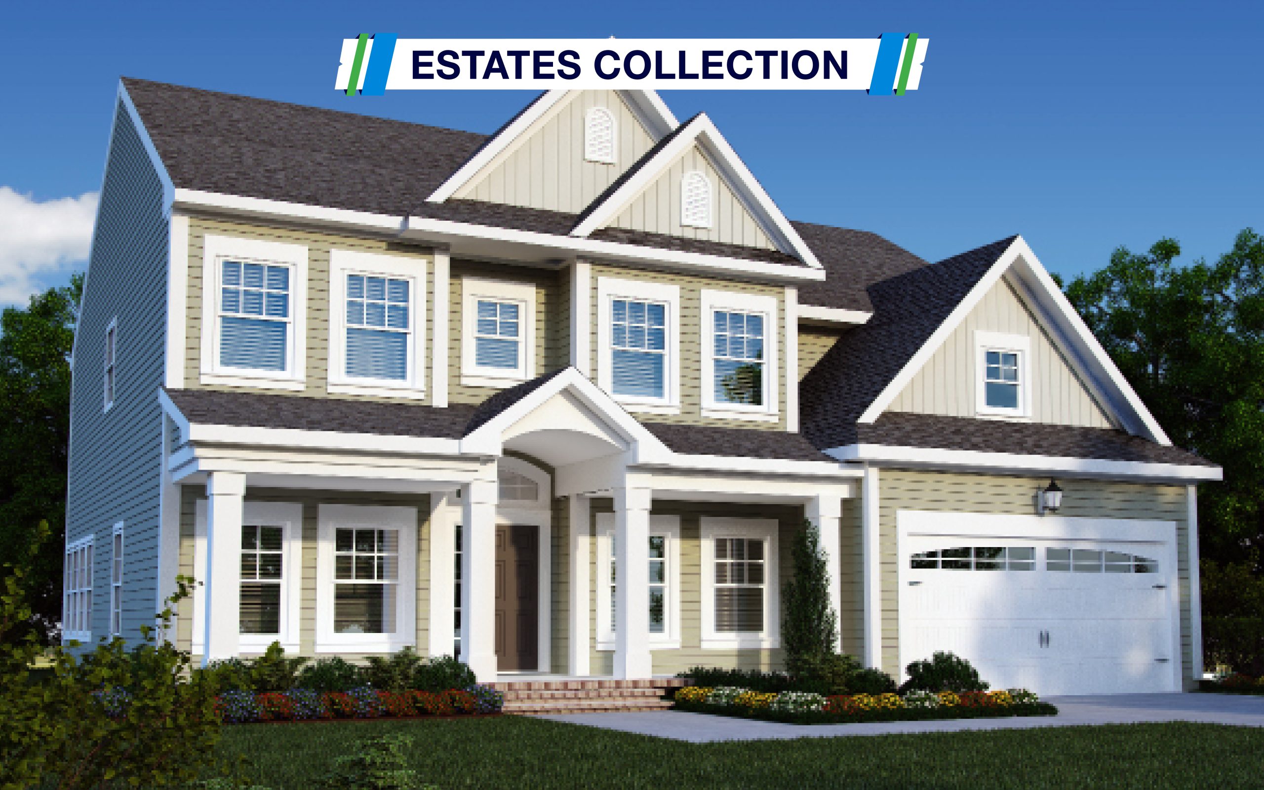 Front view image of the Capri Model - the Estates Collection. Two car garage, front porch and 10 windows are visible. Home is light green and tan.