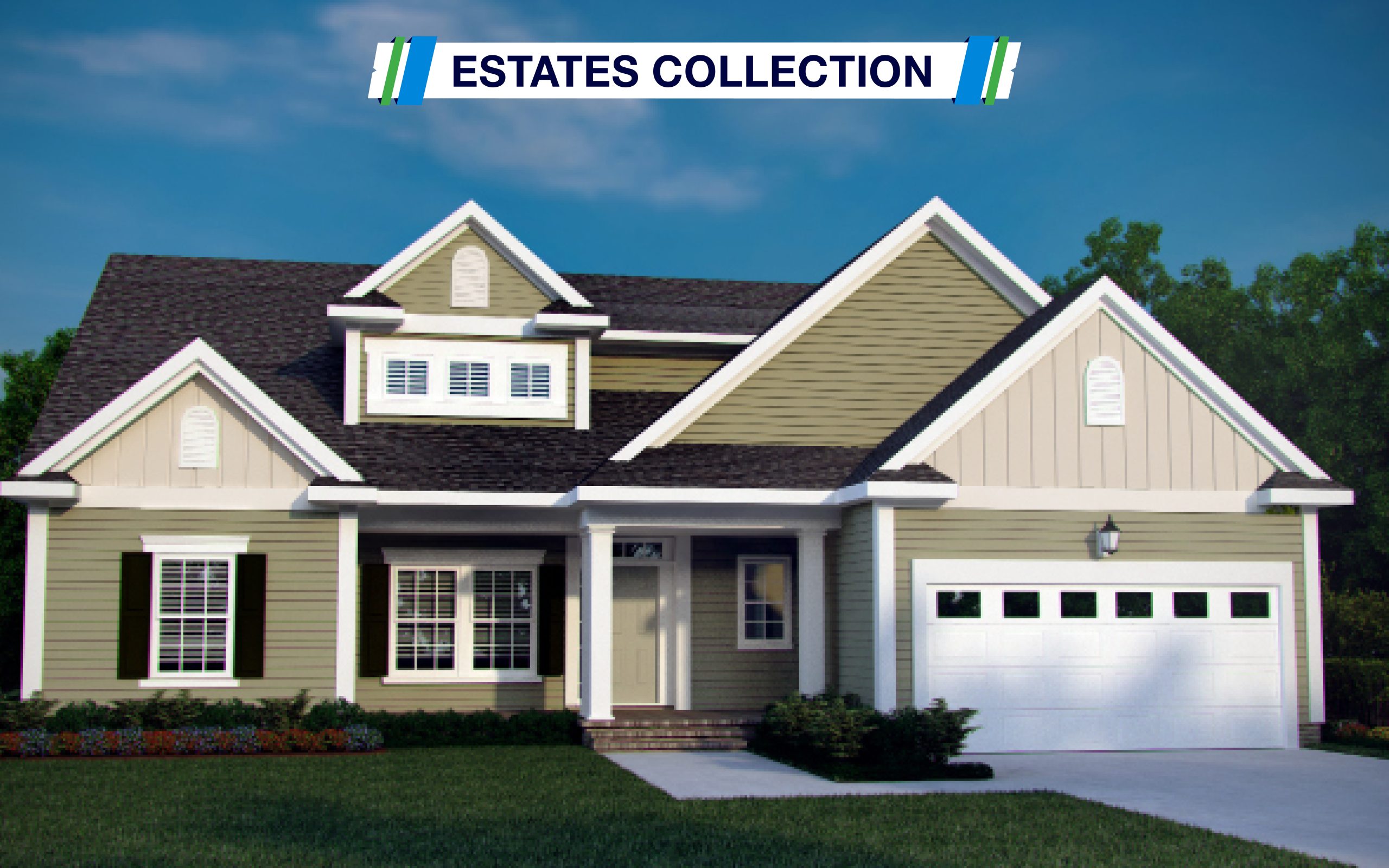 Image of the Sorento model for the Estates Collection. Front view of the home, one garage and front porch.