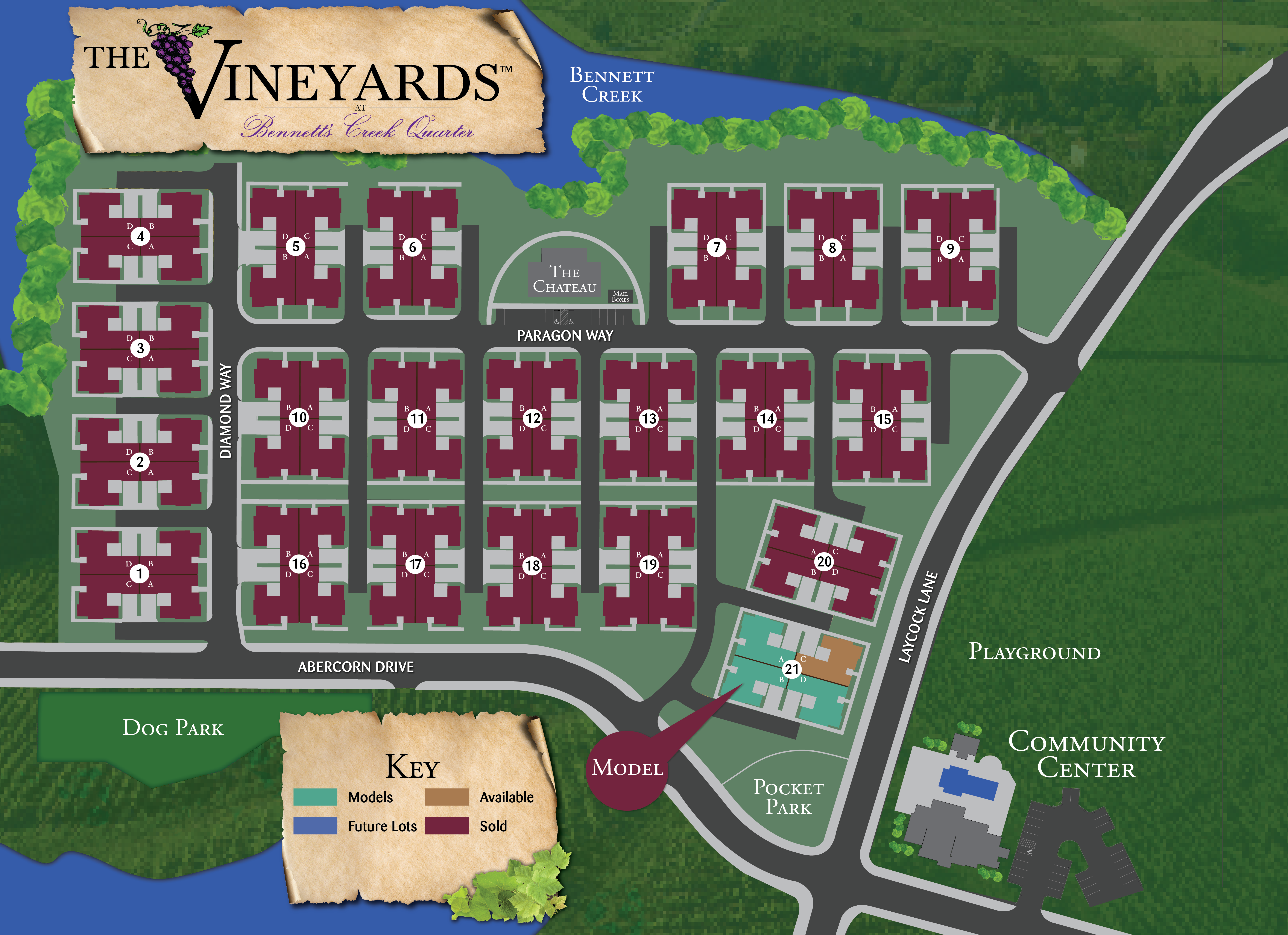 The Vineyards at Bennett's Creek Quarter site map. Shows homes available.