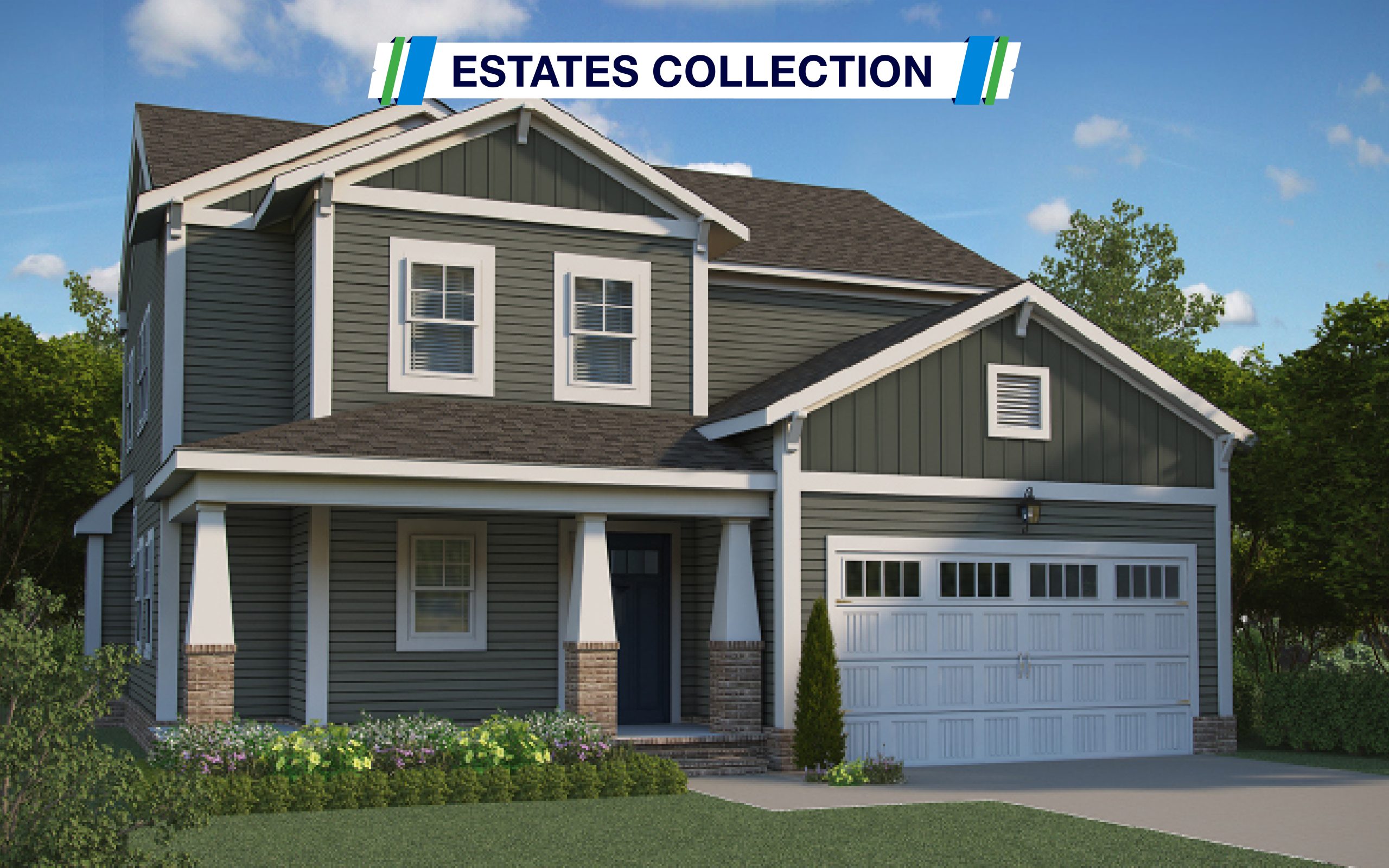 Image of the Palermo Model - The Estates Collection two story home. Exterior is dark green, two car garage, three windows in the front.