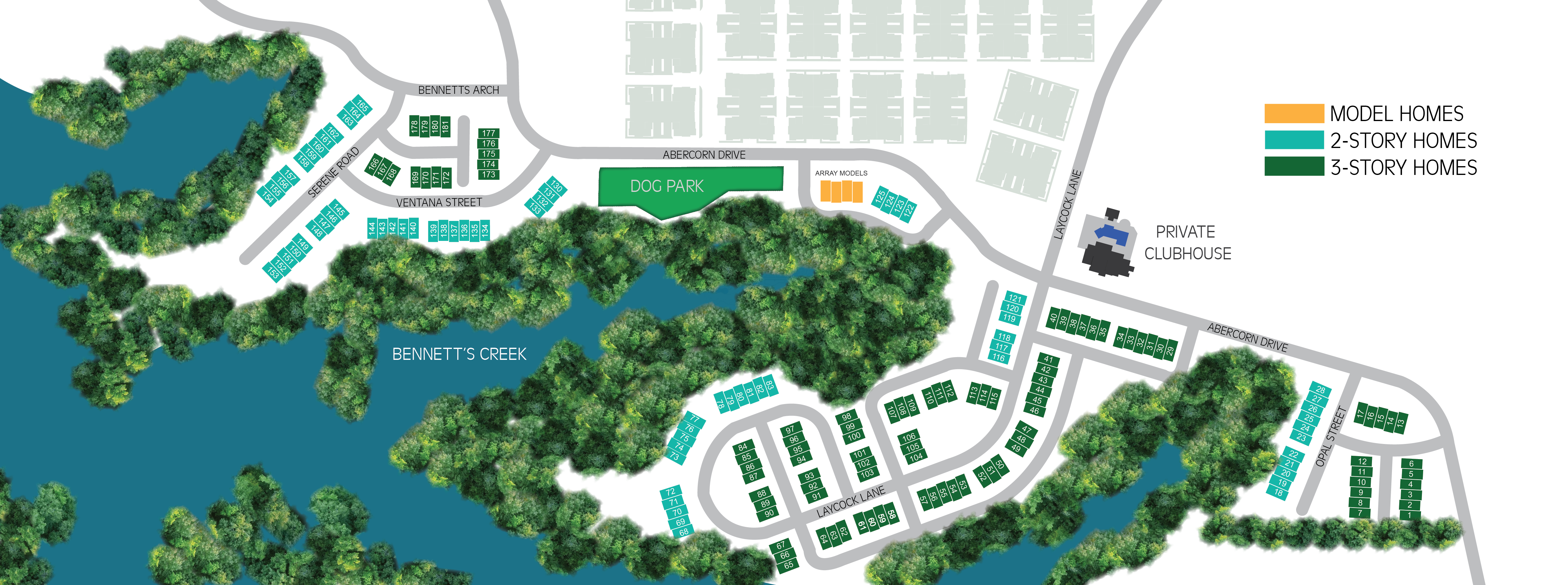 SIte Map For Array. Shows the two story units, three story units, model homes, dog park and clubhouse locations.